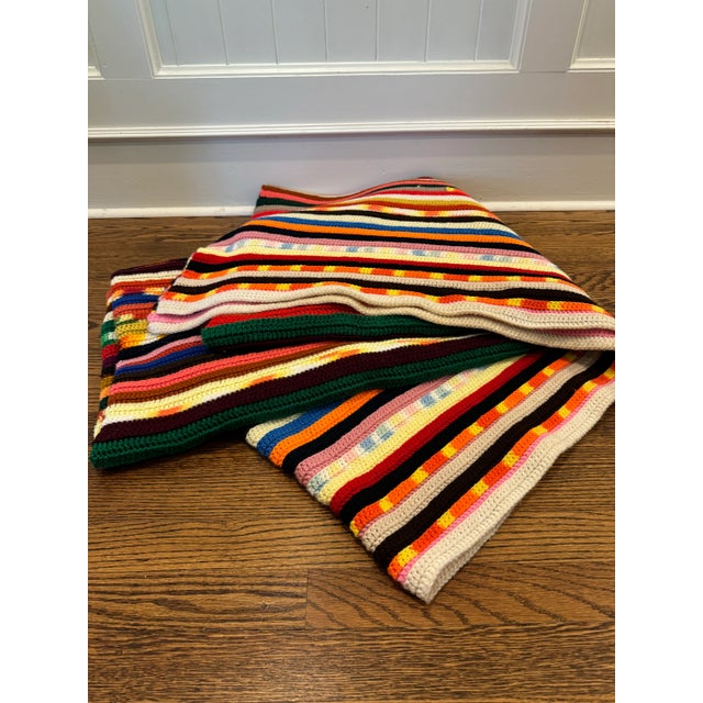 Textile Mid 20th Century Hand Crocheted Large Rainbow Afghan Blanket For Sale - Image 7 of 11