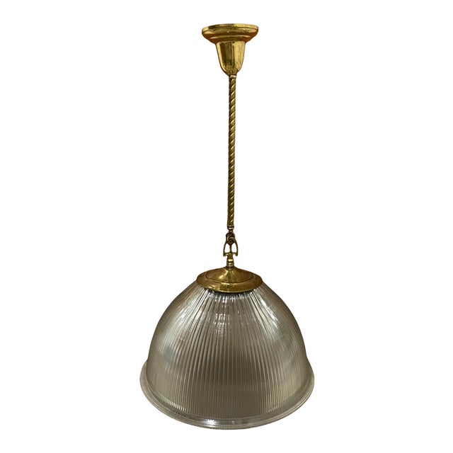 Vintage Holophane Large Polished Brass Dome Pendant Light Fixture 41” For Sale