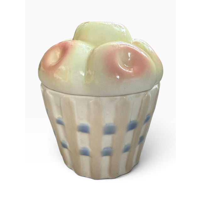 Charming vintage ceramic lidded jar with a wonderfully whimsical fruit-basket design. The softly sculpted lid features a...