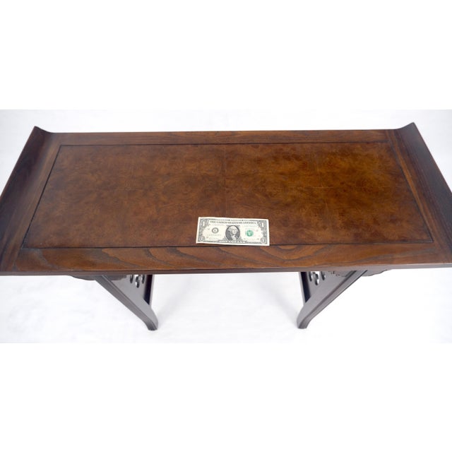 Baker Solid Walnut Pierced Carved Legs Rolled Edge Asian Console Sofa Table MINT For Sale - Image 6 of 15