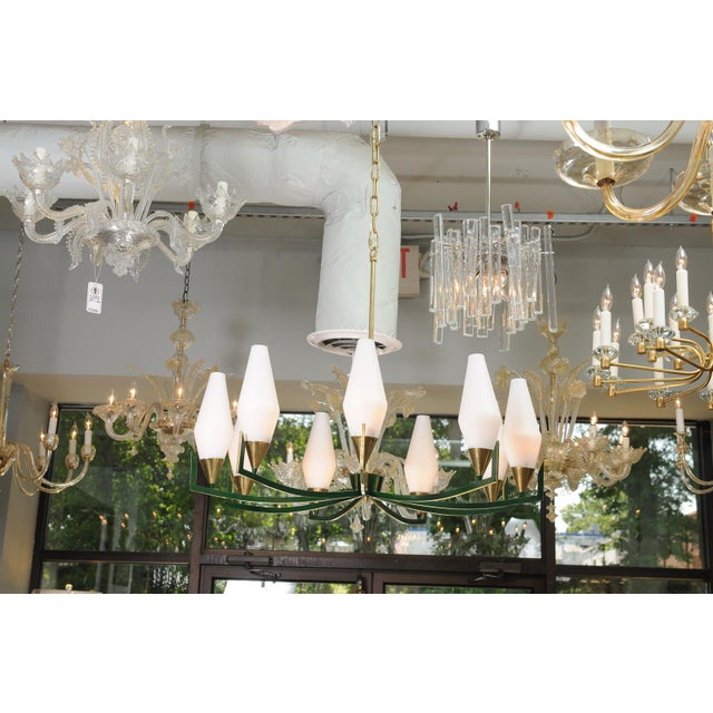 Metal 1950s 10-Light Brass & Lacquer Green Chandelier in Manner of Stilnovo For Sale - Image 7 of 12