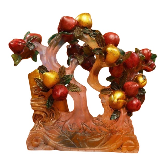 Vintage Style Liuli Glass Peach Tree Sculpture With Inscription For Sale