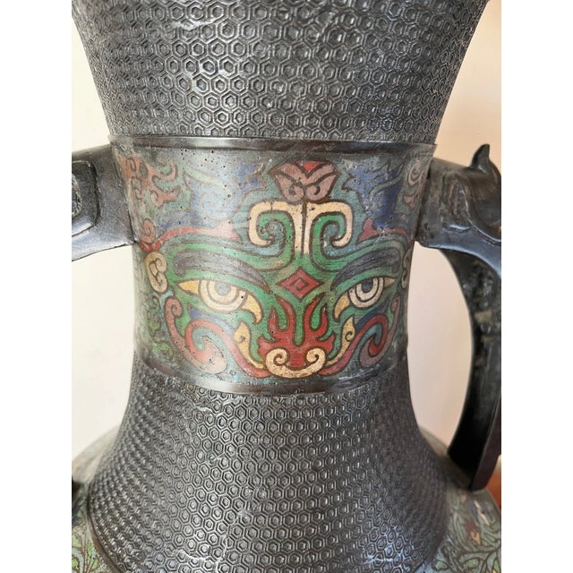 Large 42" Chinese CloisonnÃ© & Bronze Taotie Hu Vase Table Lamp For Sale - Image 9 of 15