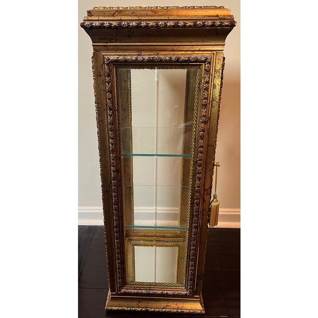 Gold Neiman Marcus Italian Antiquated Gold-Gilt Pedestal Small Curio Cabinet Vitrine Display For Sale - Image 8 of 12