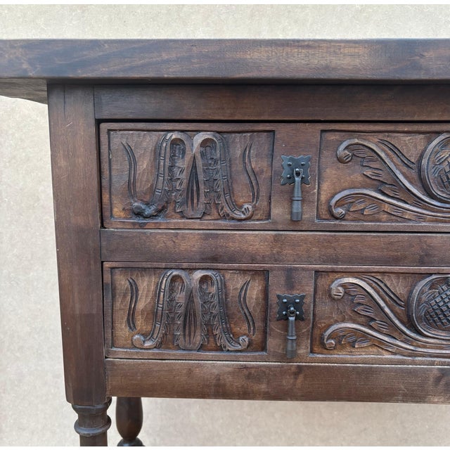 Wood Spanish Hand Carved Console With Two Drawers, 1930s For Sale - Image 7 of 10
