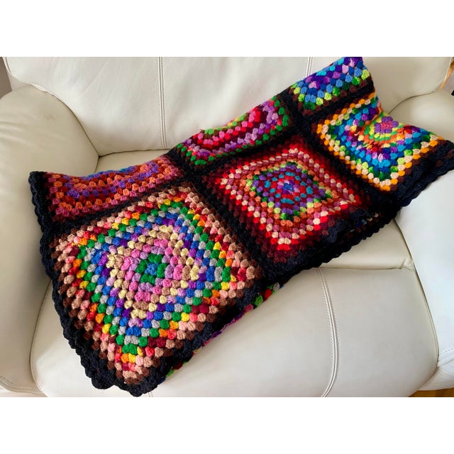 Black Granny Square Cottagecore Rainbow Afghan For Sale - Image 11 of 12