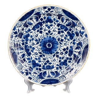 Blue and White Dutch Delft Charger Plate with Hand-Painted Floral Pattern, 18th Century For Sale