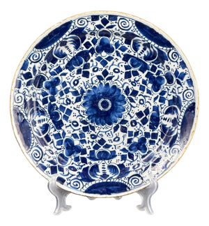 Blue and White Dutch Delft Charger Plate with Hand-Painted Floral Pattern, 18th Century