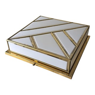 Mid 20th Century Italian Opaline Glass and Brass Flush Mount Ceiling Light For Sale