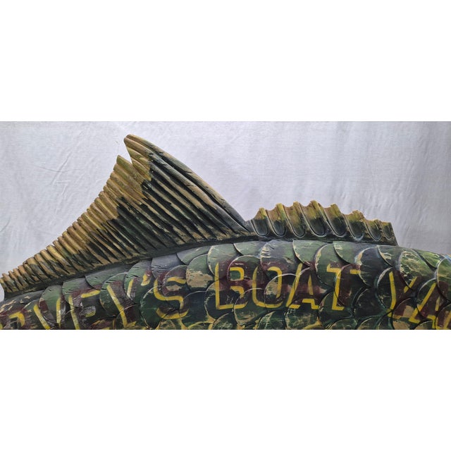 Six foot carved mackerel trade sign with hand painted distressed finish with deeply carved scales, fins, gills, eyes,...