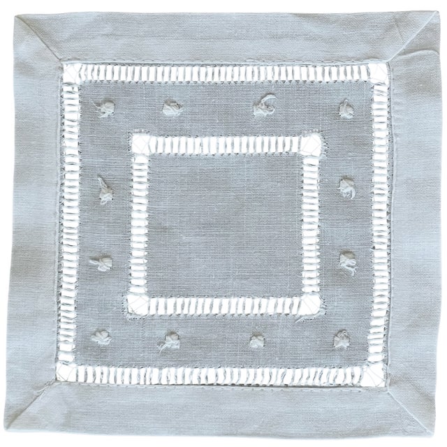English Hand-Embroidered White Linen-Cotton Cocktail Napkins With Double Hemstitch — Set of Six New For Sale