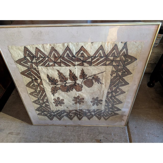Vintage Framed Pacific Island Tapa Cloth | Hand-Stenciled Geometric Bark Cloth With Fruit & Floral Motif For Sale - Image 4 of 5