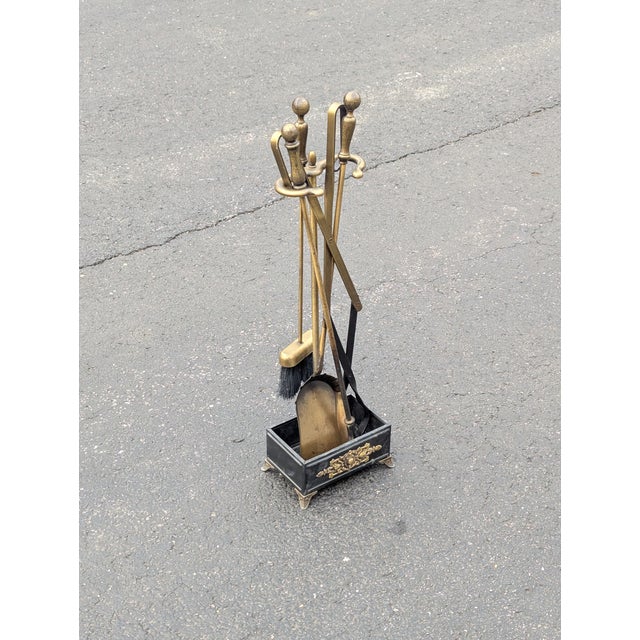 Vintage 4 Piece Set Brass Fireplace Tools With Stand For Sale - Image 9 of 10