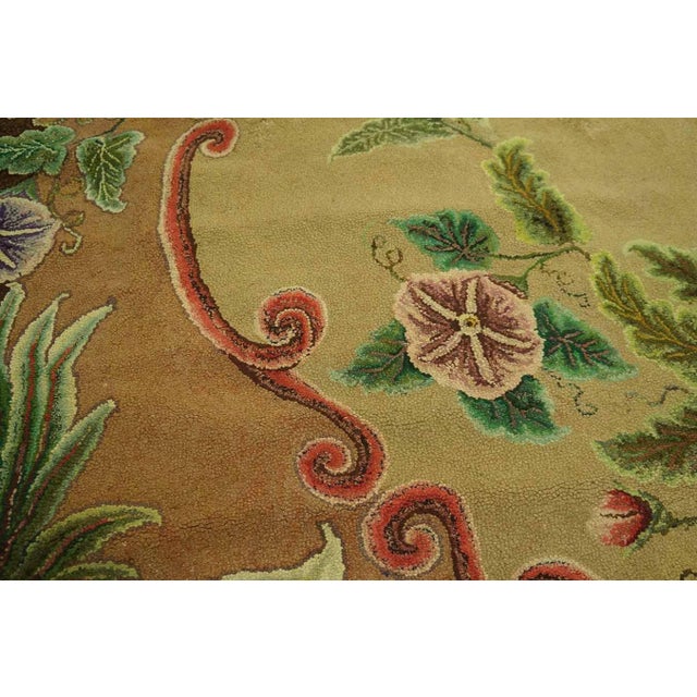 Textile 1920s Tan Almond Floral Folk Art Antique American Hooked Rug 6'6"x 7'5" Handknotted Wool Carpet For Sale - Image 7 of 8