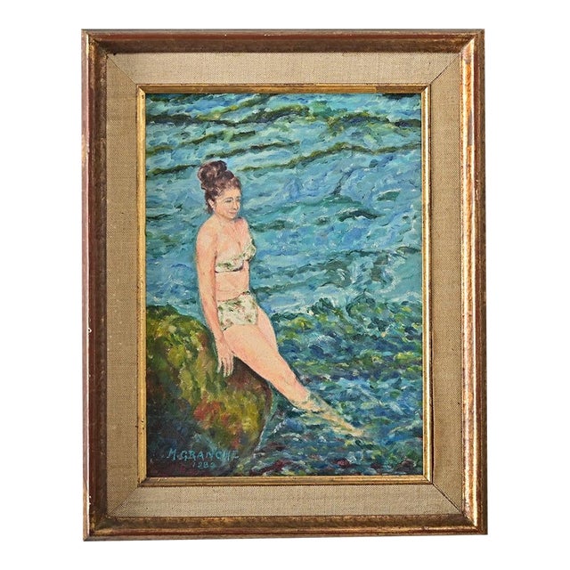 French Vintage Framed Portrait of a Lady Swimming For Sale