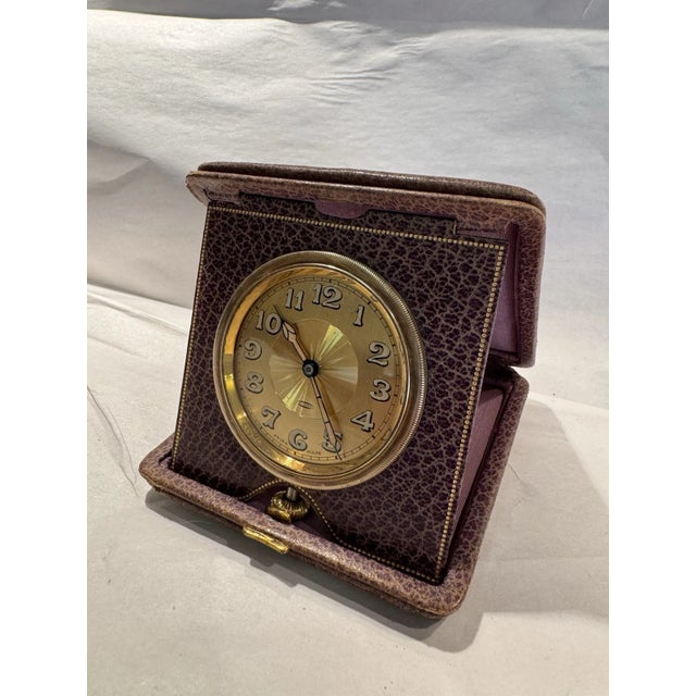 Antique Swiss Art Deco Travel or Desk Clock in Purple Leather Case For Sale In Los Angeles - Image 6 of 12