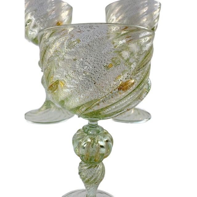 Metal Mid 20th Century Venetian Salviati Attributed Green Gold Flecked Stemware - Set of 5 For Sale - Image 7 of 9