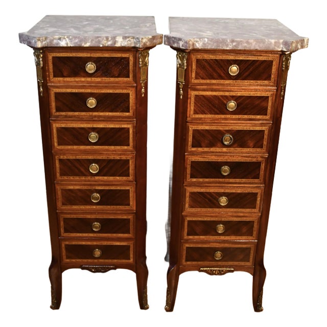 1900s Pair Antique French Louis XV Walnut & Satinwood Marble Top Lingerie Stands For Sale