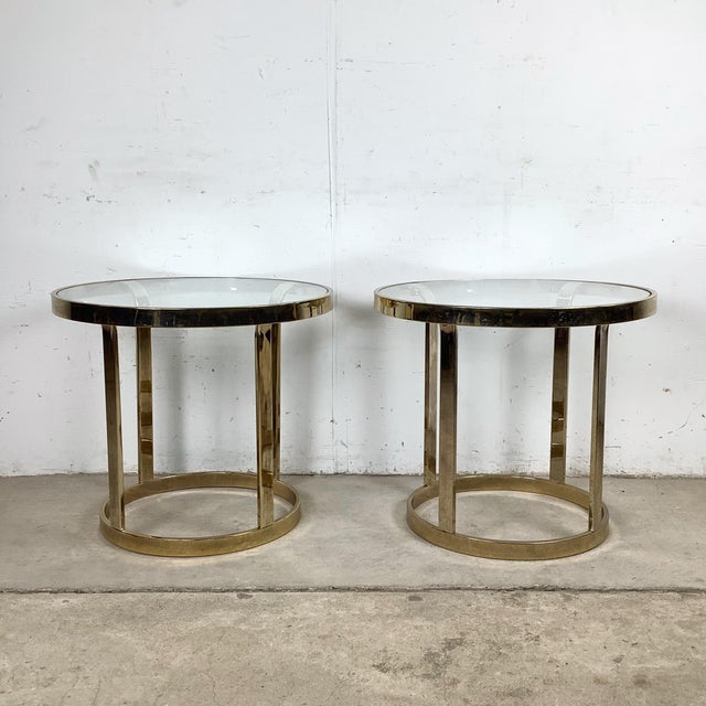 Mid-Century Modern Vintage Brass & Glass Side Tables With Circular Bases – Pair For Sale - Image 3 of 12