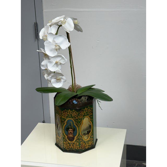 Late 19th Century Savage London Painted Tole Canister + Faux Orchid Arrangement, 19th-Century For Sale - Image 5 of 12
