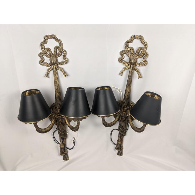 Rococo Vintage Ornate Gold-Tone Two-Light Wall Sconces With Shades - Pair For Sale - Image 3 of 18