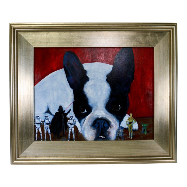 Early 20th Century Framed Boston Terrier Dog Portrait With Star Wars Figurines Oil Painting For Sale