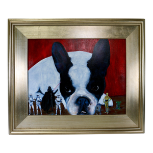 Early 20th Century Framed Boston Terrier Dog Portrait With Star Wars Figurines Oil Painting