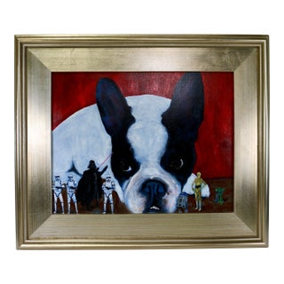 Framed Boston Terrier Dog Portrait With Star Wars Figurines Oil Painting For Sale