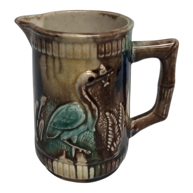 Vintage Majolica Crane & Fish Creamer For Sale