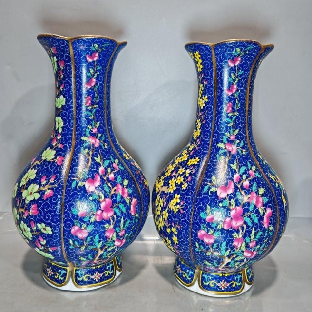 Chinoiserie Pair of Chinese Deep Blue Famille Rose Plum Blossom Floral Vases, Chinoiserie Decor Vessels For Sale - Image 3 of 9