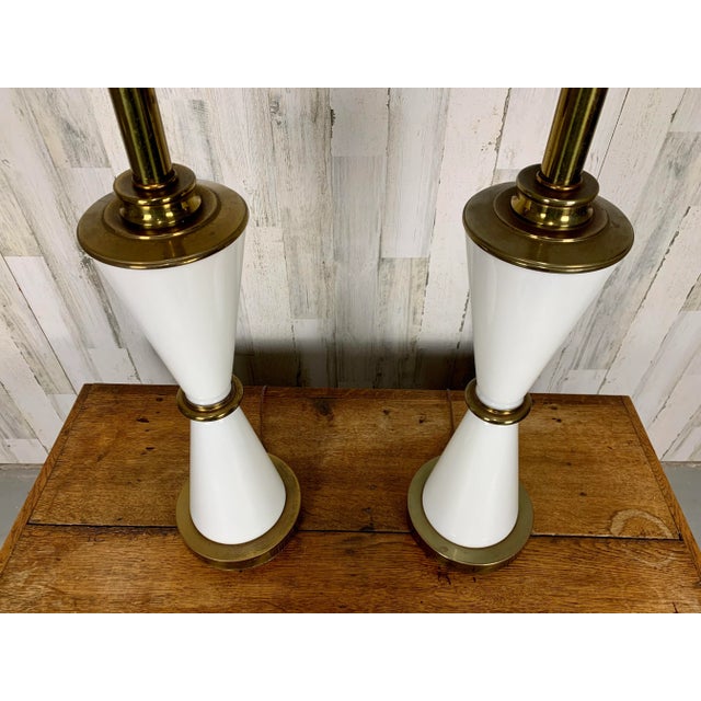 Milk Glass and Brass Hourglass Shaped Table Lamps For Sale In Dallas - Image 6 of 12