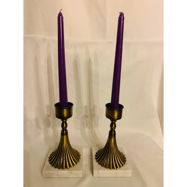 Mid 20th Century Hollywood Regency White Marble and Brass Candlesticks - Set of 2 For Sale - Image 13 of 13