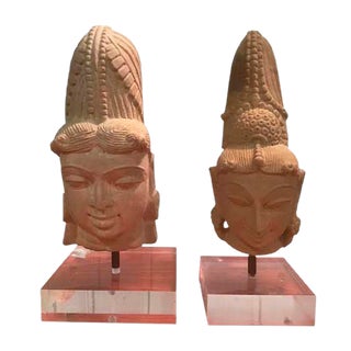 Antique Central American Aztec Stone Heads with Acrylic Glass Base, Set of 2 For Sale