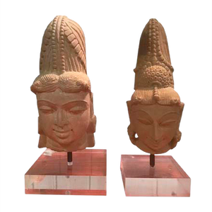 Antique Central American Aztec Stone Heads with Acrylic Glass Base, Set of 2