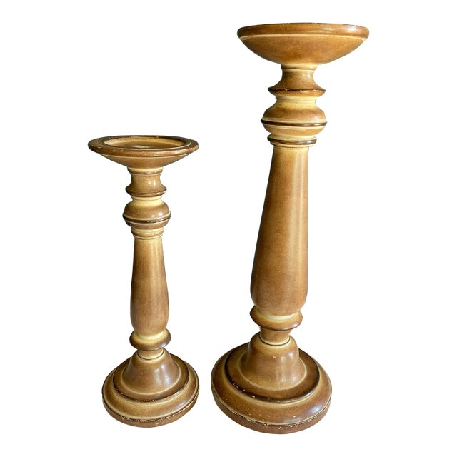 Solid Turned Wood Pillar Candlesticks- Set of 2 For Sale