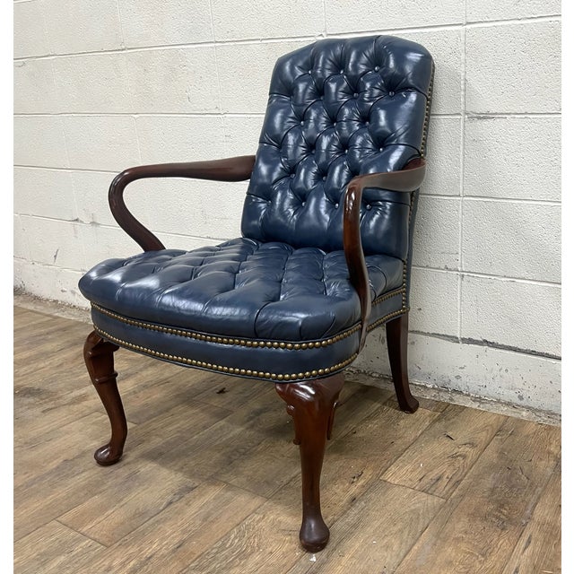 Queen Anne Vintage Queen Anne Chesterfield Mahogany Leather Tufted Office Desk Armchair For Sale - Image 3 of 6