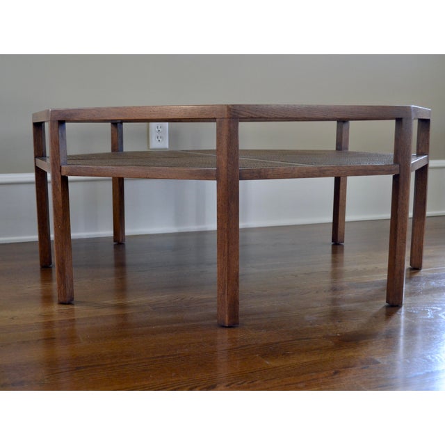 Baker octagon coffee table with caned shelf and glass top. 47" x 47" x 19"