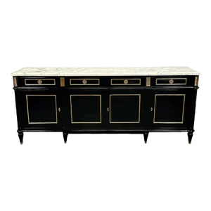 Jansen Style, Hollywood Regency, Sideboard, Black Lacquer, Bronze, Marble