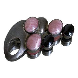 Vintage Mid Century Modern Sterling Silver Rhodochrosite Black Onyx Brooch 1960s For Sale