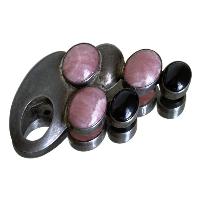 Vintage Mid Century Modern Sterling Silver Rhodochrosite Black Onyx Brooch 1960s For Sale