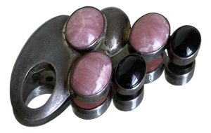 Vintage Mid Century Modern Sterling Silver Rhodochrosite Black Onyx Brooch 1960s