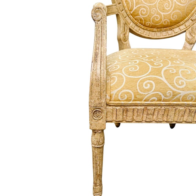 French Louis XVI Medallion Back Armchair With Crème-Peinte Distressed Finish For Sale - Image 13 of 18