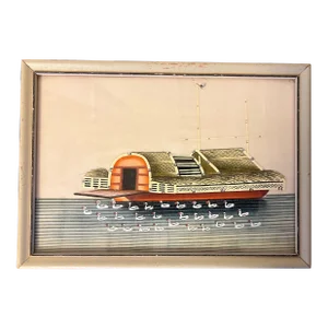Small Antique 19th Century Chinese Pith Painting on Rice Paper of a Ship With Ducks in Famille Rose Colors
