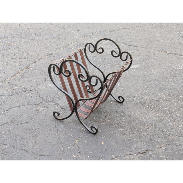 Rustic Vintage Iron & Leather Magazine Rack 16" Tall Rustic Book Holder For Sale - Image 3 of 8