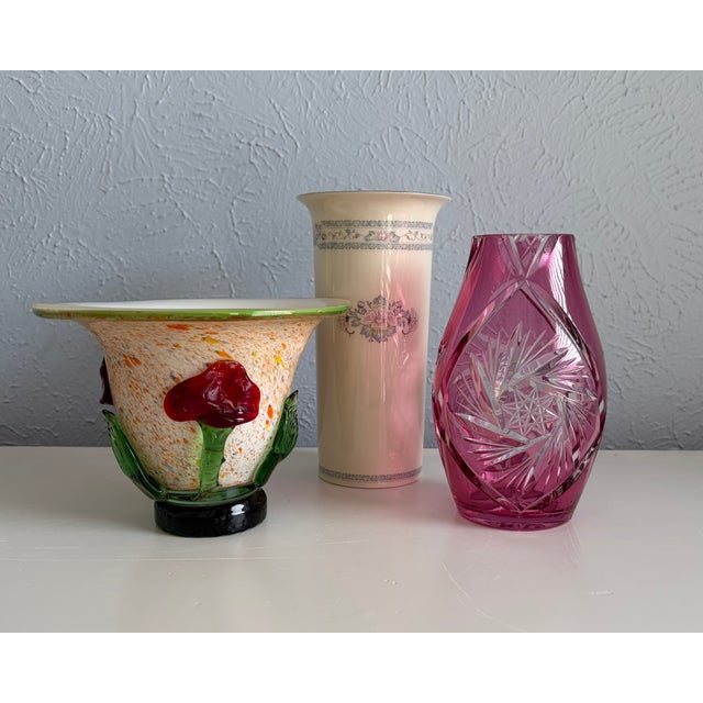 Set of Vintage Vases - Pink Glass, Floral Ceramic & Applied-Flower Glass For Sale - Image 13 of 13