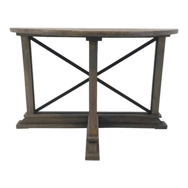Industrial Modern Reclaimed Wood Trestle Demi-Lune Console Table For Sale