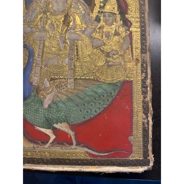19th C Indian Thanjavur Tanjore Painting Gold Gilt Murugan on His Peacock Antique Multimedia Collage South India For Sale - Image 12 of 16