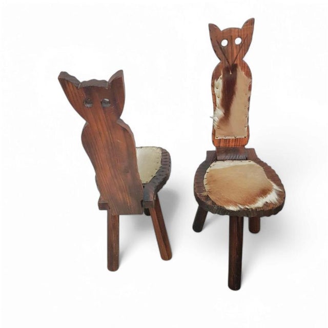 Brutalist Cow Hide Tripod Chairs, Spain, 1960s, Set of 2 For Sale - Image 14 of 14