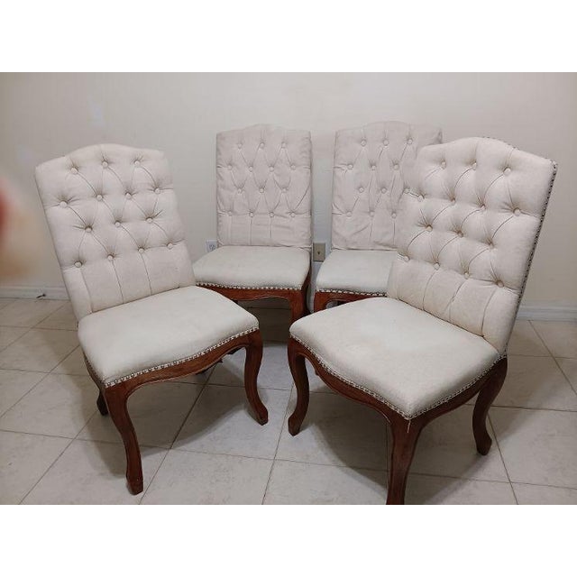 Traditional 1980s Dining Chair Wood Frame Tufted Upholstered Beige Noble House Set of 4 For Sale - Image 3 of 8