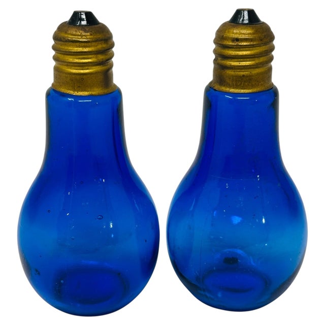 1970's Petite Cobalt Blue Lightbulb Salt and Pepper Shakers | Mid Century Blue Glass Kitchen Decor | Retro Novelty Gift For Sale - Image 4 of 13